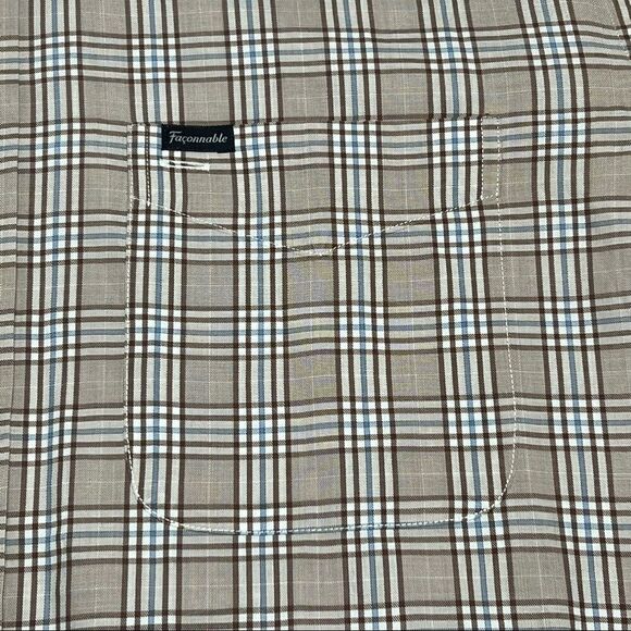 Men’s Faconnable Classique Small Tan Brown & Blue Plaid Button Down - Picture 6 of 6